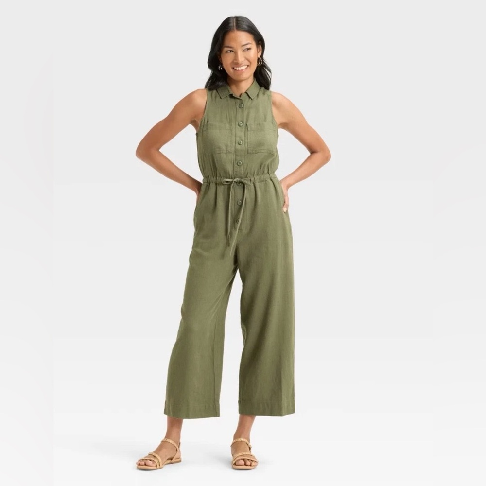 Universal Thread Women's Button-Front Jumpsuit Olive Green Size 6